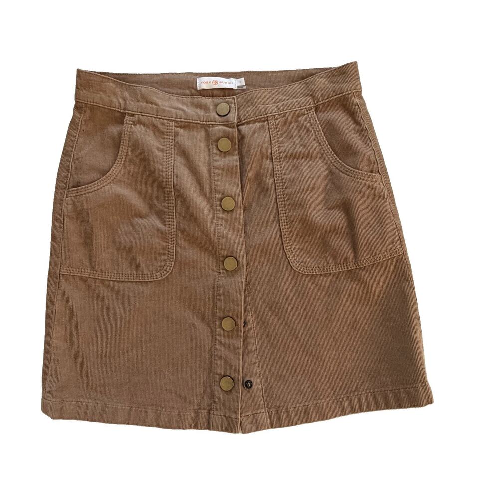 Tory Burch Lucitano Skirt in Beachwood Brown Corduroy Mini Buttons 2 EUC Capsule